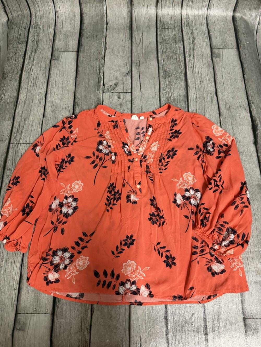 Women’s GAP Pintuck 3/4 Sleeve Blouse Coral W Floral Print Rayon Top XL